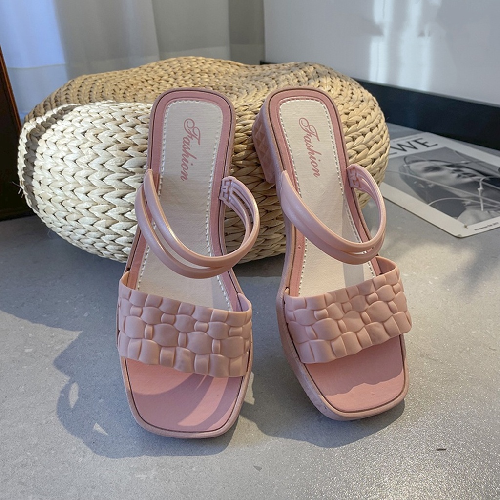 Tmall88 Sandal Sepatu Wedges Wanita Motif Kulit Buaya / Sandal Heels Slop Jelly Karet Lentur Elastic