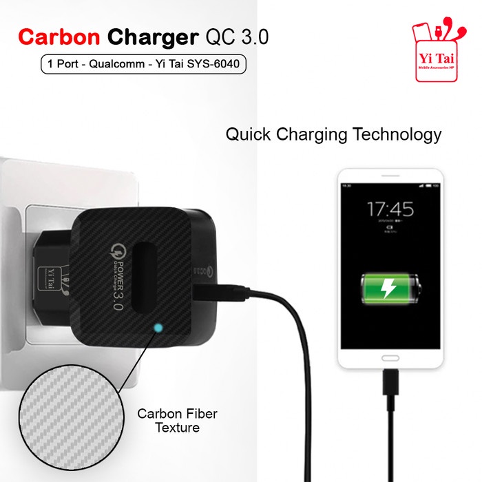 CARBON CHARGER YI TAI QC3.0 1 PORT USB SYS-6040 FAST CHARGING