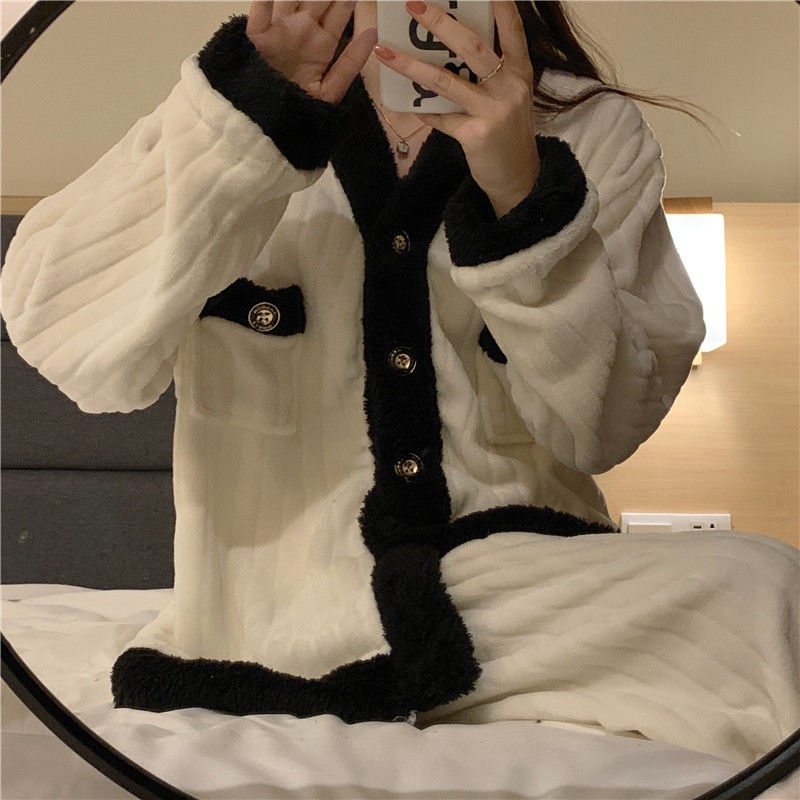 Suhao s new ins coral fleece pajamas women s autumn and winter plus beludru tebal flanel home service suit bisa dipakai di luar di musim dingin