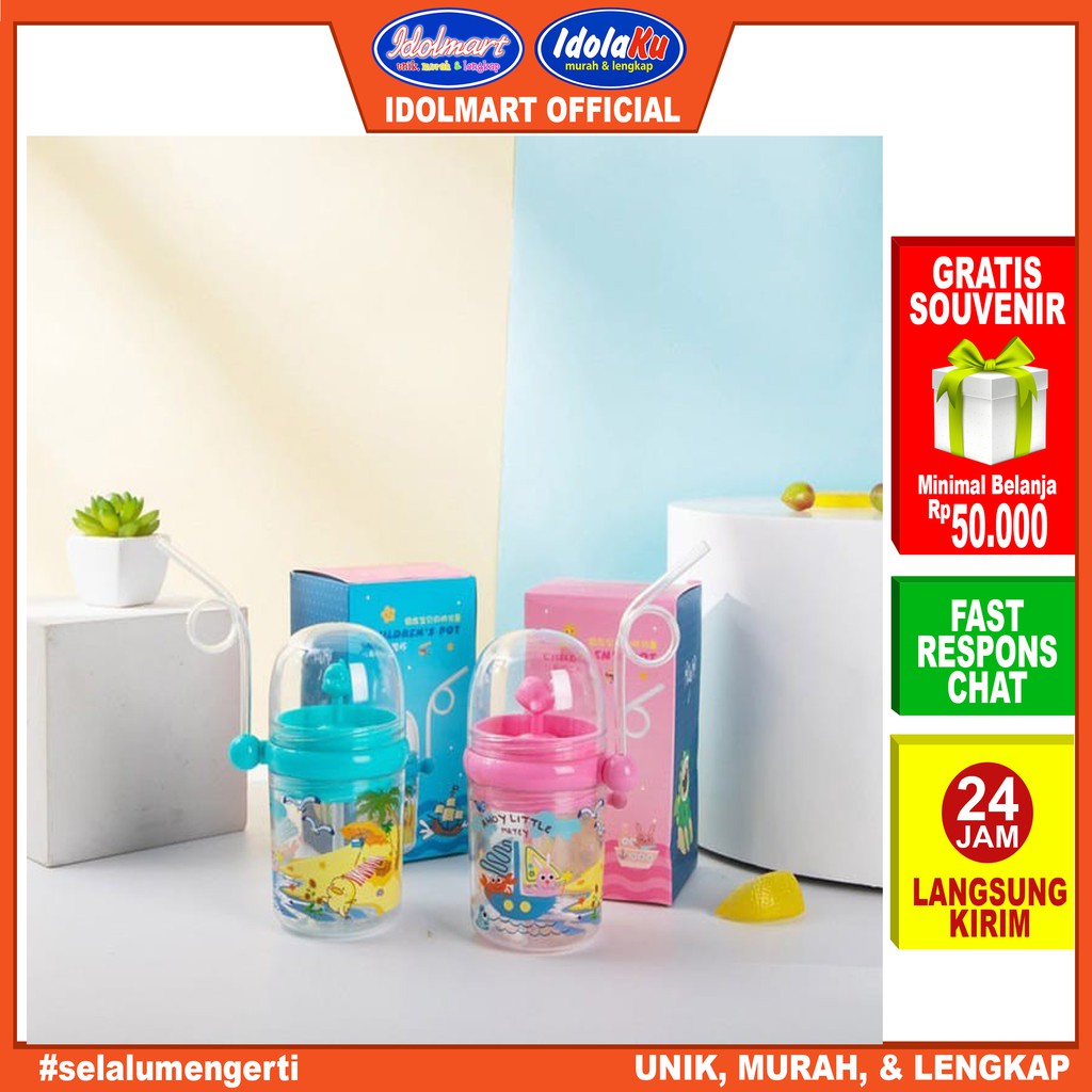 IDOLMART Botol Minum / Tempat Minum Anak Air Mancur Karakter Ikan Paus Sedotan 250ml Surabaya