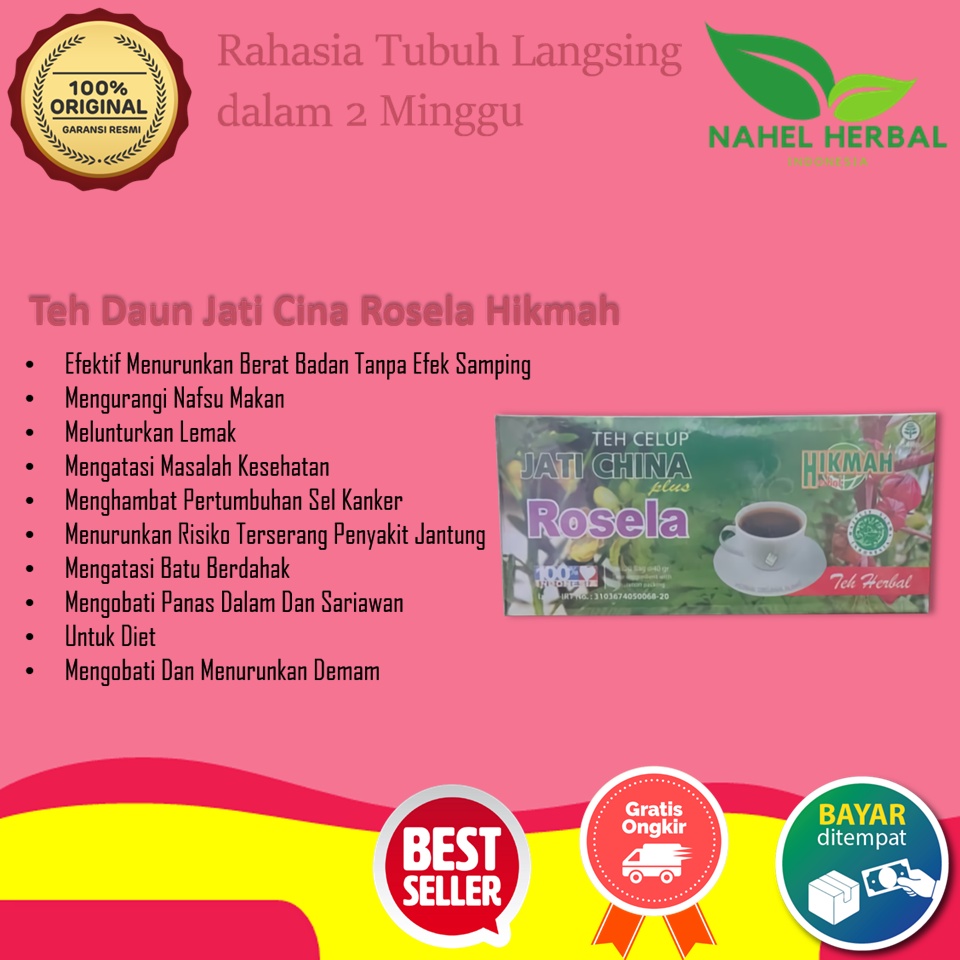 Obat Langsing Ampuh Herbal - Teh Celup Daun Jati Cina Plus Bunga Rosella Merah Hikmah - Fatloss Slim