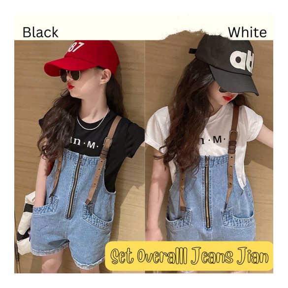 Baju Setelan Anak Perempuan Overall Celana Jeans Kaos HItam Putih Baru Pendek