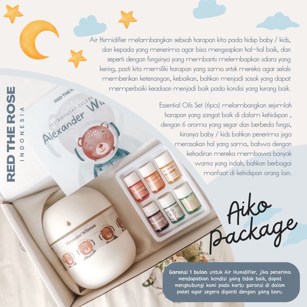 Buttersalt - Aiko : Hampers Baby One Month | New Born Baby | Birthday Kids | Hadiah / Kado Lahiran / Souvenir Aqiqah / Ultah Anak Cute / Manyue / Humidifier Diffuser / Essential Oils / Parsel Bayi Baru Lahir | Boy / Girl Newborn Gift