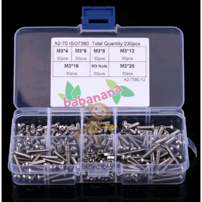 230pcs M3 button head hex stainless steel screw nut set baut mur