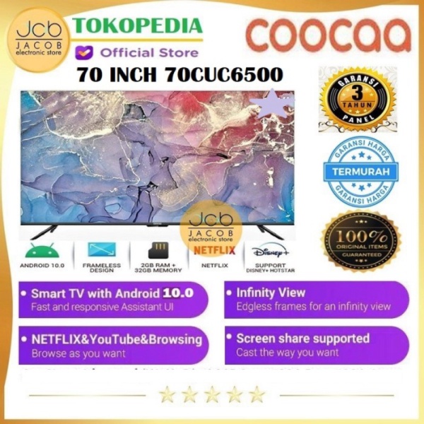 COOCAA LED 70 INCH SMART ANDROID 10.0 4K UHD TV 70CUC6500 Diskon