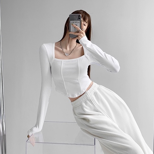 [Premium] Square Neck Long Sleeve Crop Top 7307 (S/M/L/XL)