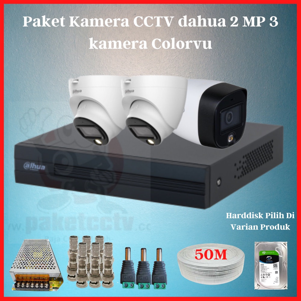 Paket Kamera CCTV 3 Channel 3 Kamera 2MP ColorVu Dvr 4CH Siap Pasang dahua colorvu