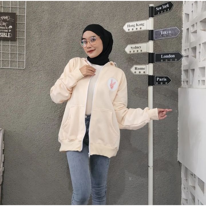 Jacket PINK RABBIT 2XL Hoodie Zipper Sweater Bigsize Wanita Oversize Kekinian OOTD Korean Fashion Terbaru