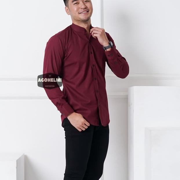 Kemeja Lengan Panjang Pria Merah Maroon Kerah Shanghai Polos Slimfit - Maroon, L