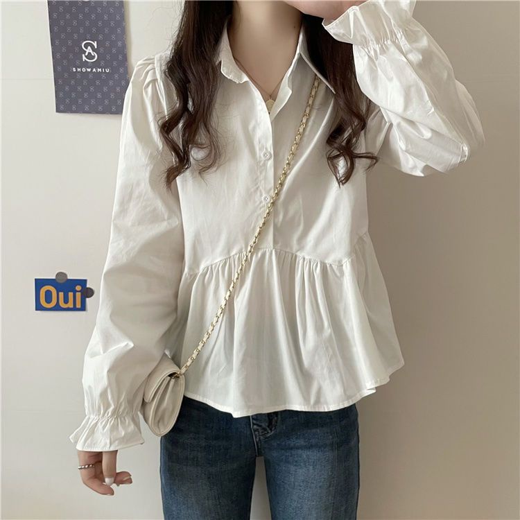 Kemeja Putih Wanita Lengan Panjang Blouse Korea Crinkle Polos Top Vintage