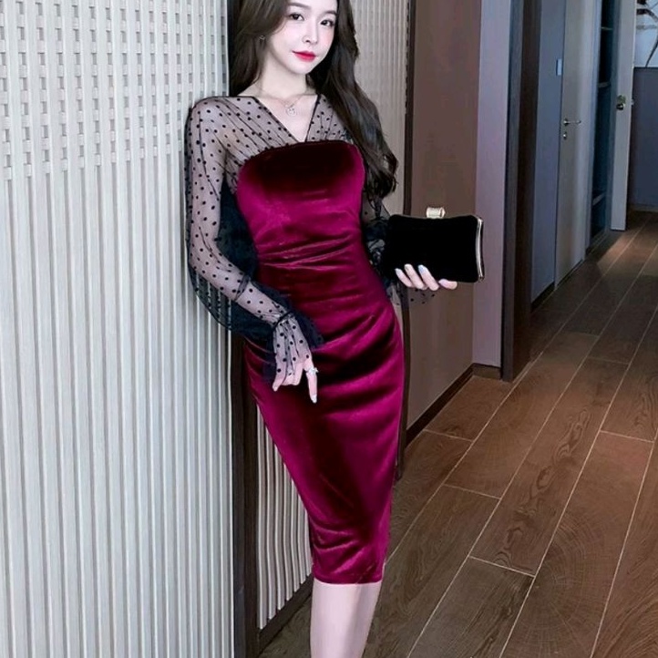 0999 Baju mididress Midi dress gaun VNECK CNY VELVET Bludru bodycon dres Korea Korean style natal Im
