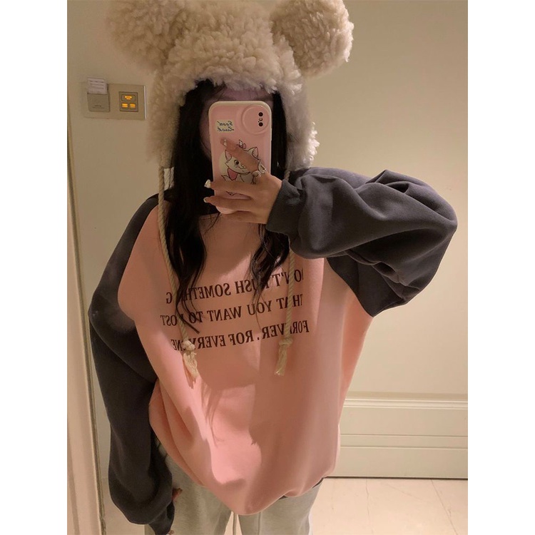 Sweater katun siswa perempuan longgar all-match musim gugur dan musim dingin versi Korea baru dari vitalitas hit warna surat dicetak baju atasan lengan panjang