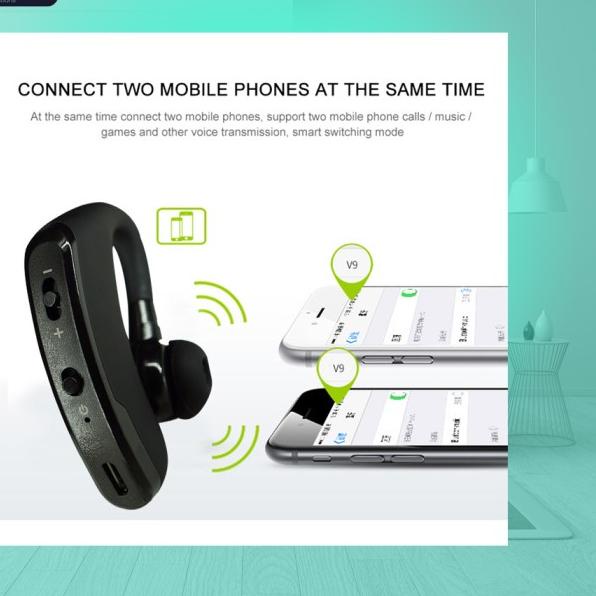 Headset Bluetooth voyager V9 Wireless Hands-free Earphone Mic Control - Black wt Pouch