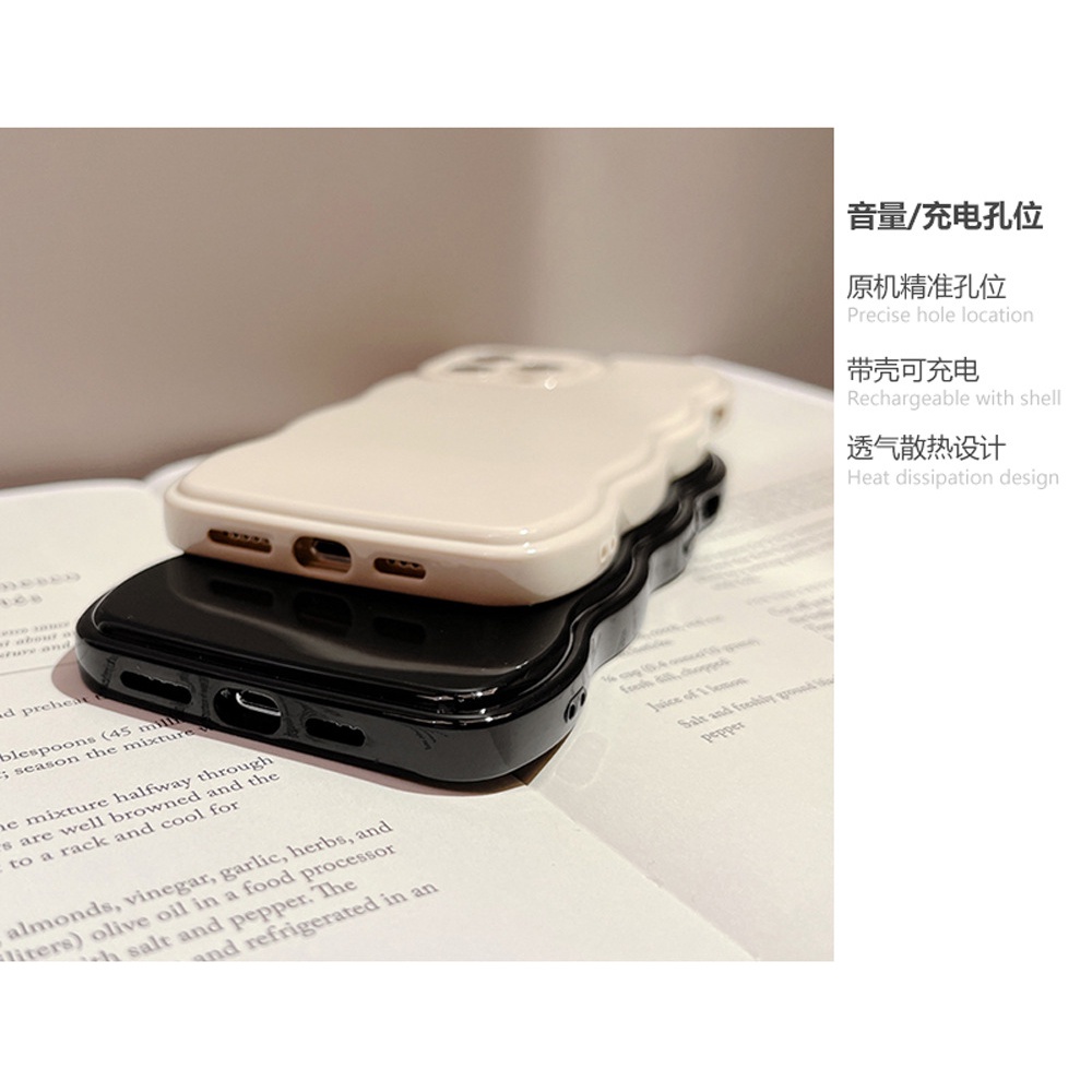 Ins Casing Silikon Iphone 14 11 12 13 PRO MAX Aksen Pinggiran Bergelombang Warna Beige Hitam