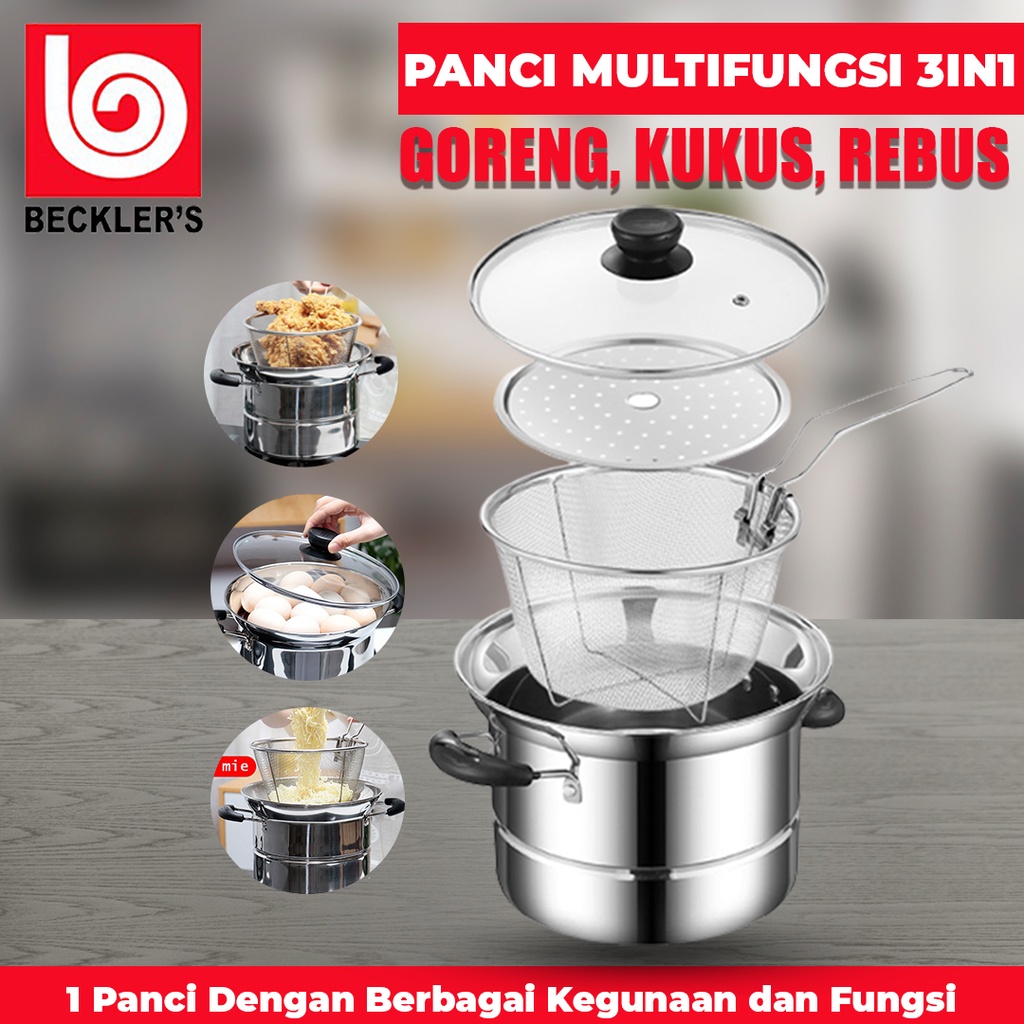 Panci Multifungsi 3in1Kukus, Rebus &amp; Goreng / Panci Set Deep Fry Panci Indomie Stainless Steel Panci Saringan Mie Multifungsi Steamer Serbaguna