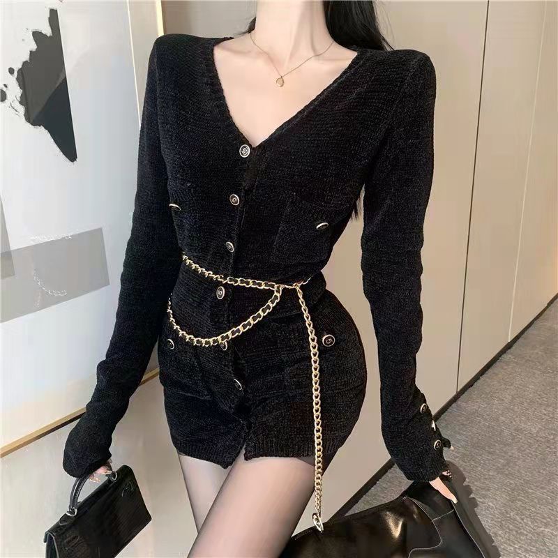 Suhao Slim Body Pack Hip Gaun Yujie Memakai Jas Tinggi Keren Gaun Hitam Rok Pendek Musim Dingin Cocok Dewasa Yujie