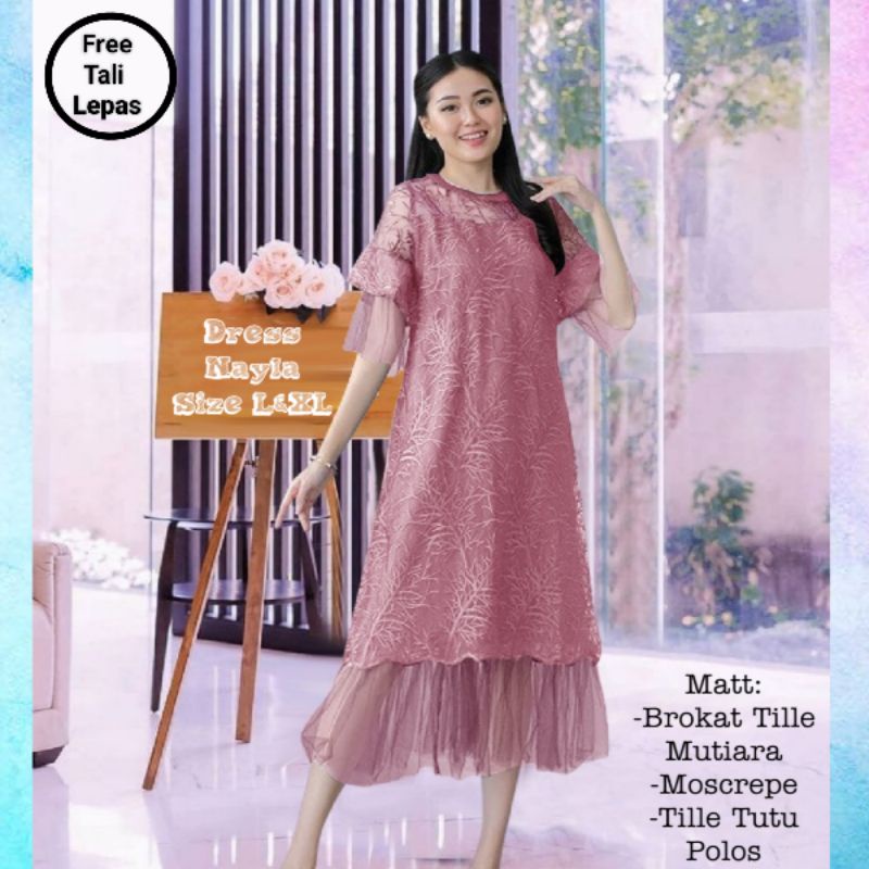 Dress Pesta Wanita Midi Terbaru Elegan/Dress Nayla Size L dan XL Matt Brokat Tille Mutiara Mix Moscrepe dan Tille Dot/Dress Pesta dan Natal Remaja Kekinian Viral/Good Quality