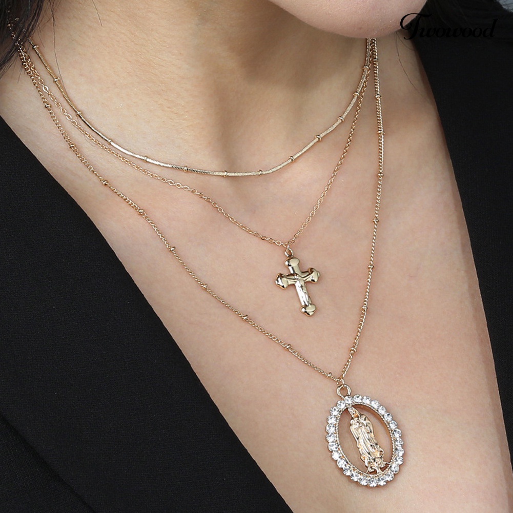 Kalung Rantai Multilayer Dengan Liontin Salib Gaya Retro Untuk Wanita