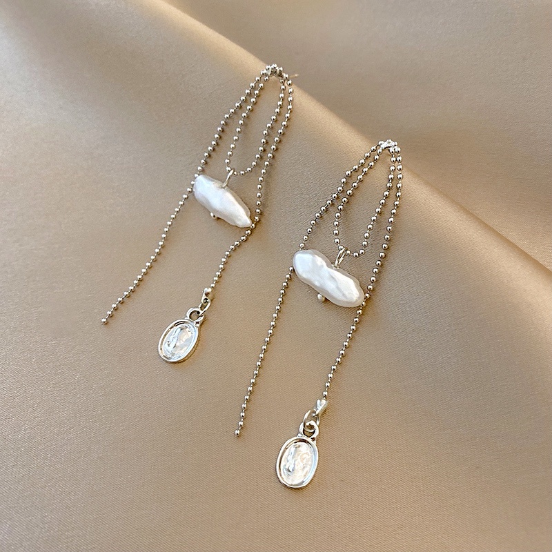 Anting Tusuk Gantung Temperament Warna Silver Hias Mutiara Gaya Trendy Untuk Wanita