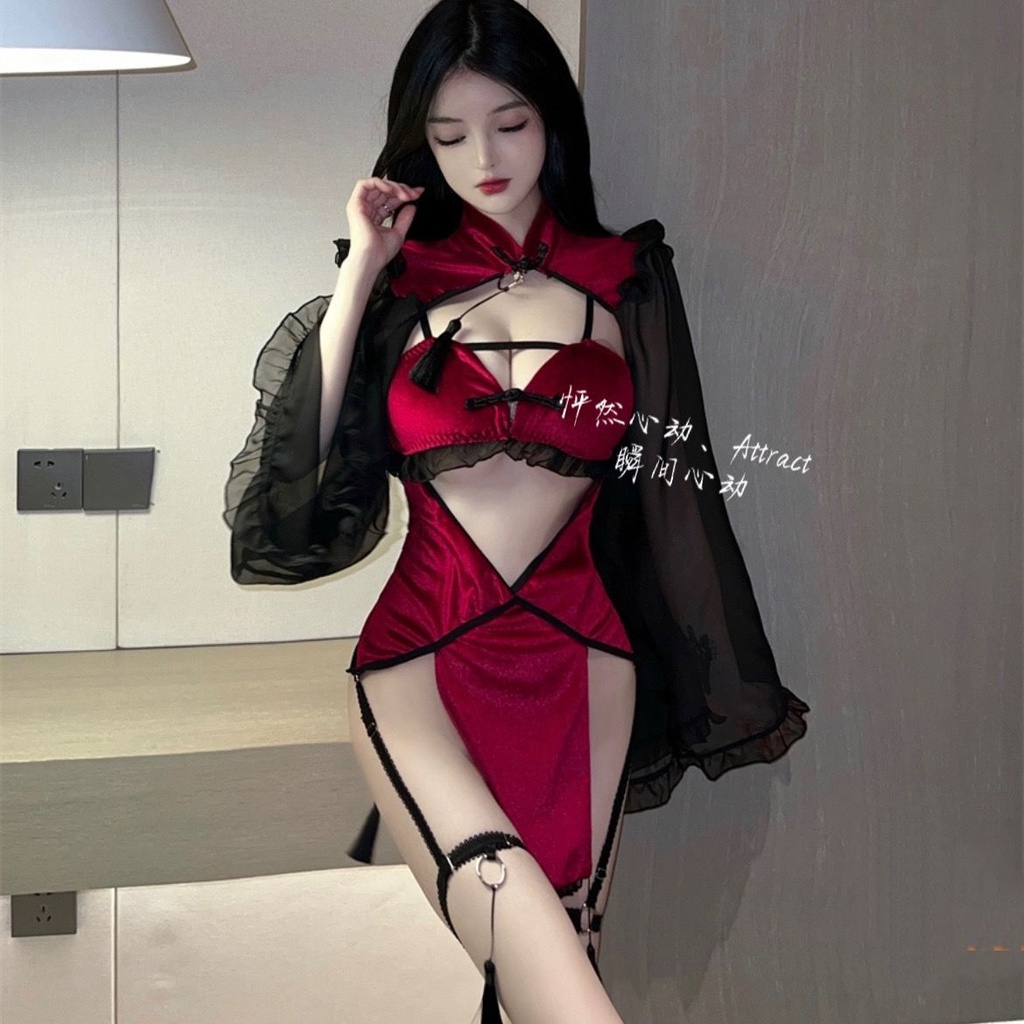 Poison Apple Musim Panas Seksi Godaan Spice Girl V-Neck Menunjukkan Dada Besar Cosplay Hollow Cheongsam Set Pakaian Rumah