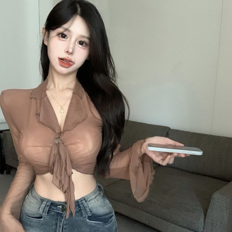 Red Warna Murni Mesh Lengan Panjang T-shirt Wanita Keinginan Murni Babes Seksi Perban Lengan Terompet Sedikit Transparan dan Tipis Pendek top In Pasang