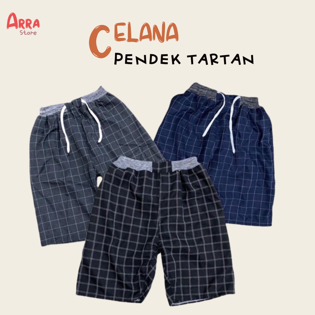 Celana Pendek Tartan Pinggang Karet Pria Wanita Kotak Kotak