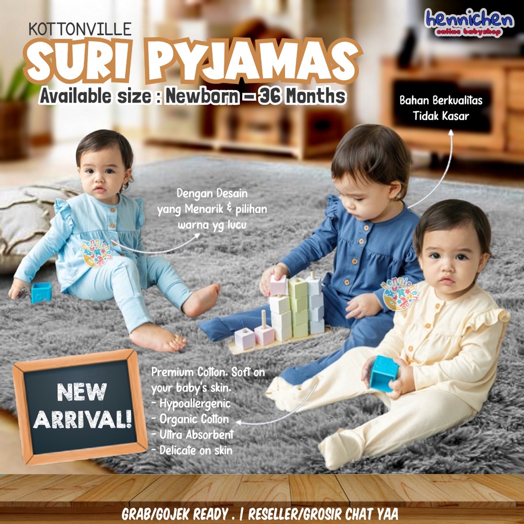 KOTTONVILLE SETELAN BAJU TIDUR PIYAMA ANAK BAYI ESSENTIALS SURI FOLDABLE PAJAMAS SET 0-2 TAHUN PART 2