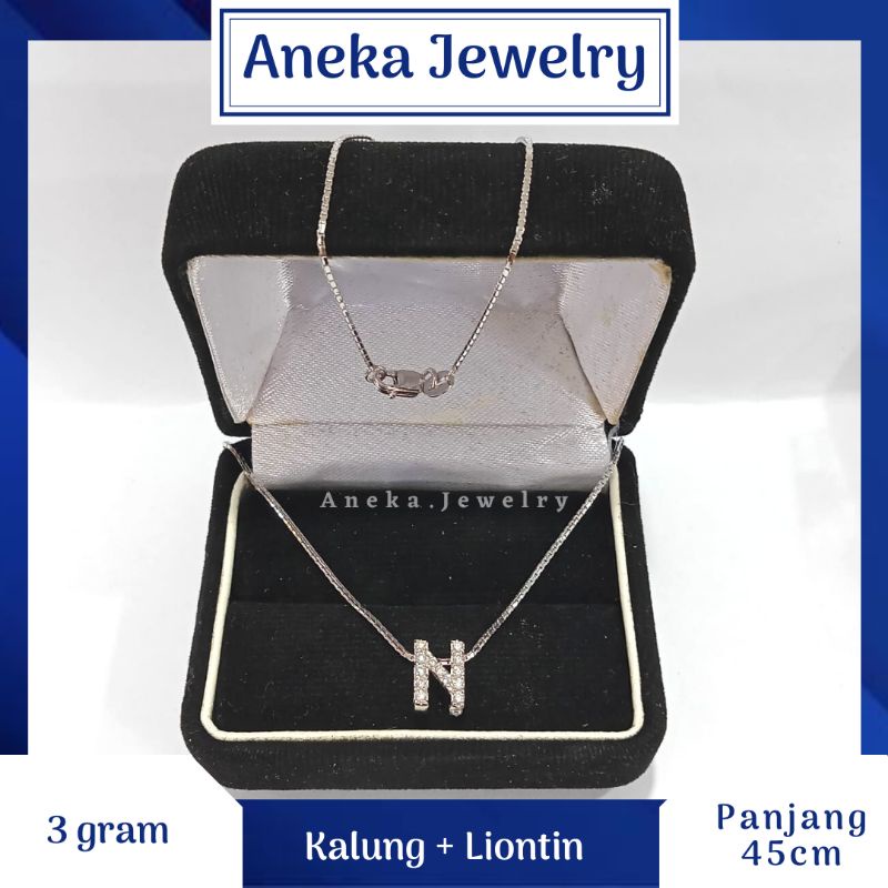 Kalung Santa + Liontin Huruf, Perak 925, Sepuh Emas Putih