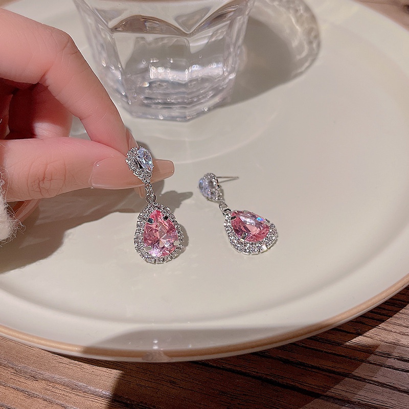 Anting Tusuk Sterling silver 925 Desain Tetesan Air Hias Kristal Zircon Pink Mewah Untuk Wanita