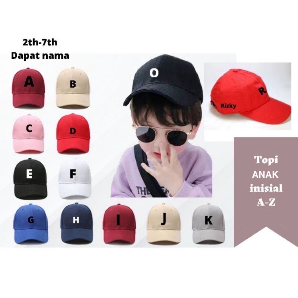 TOPI ANAK INISIAL NAMA TOPI ANAK TULIS NAMA TOPI BASEBALL HURUF A-Z TOPI ANAK CUSTOM NAMA