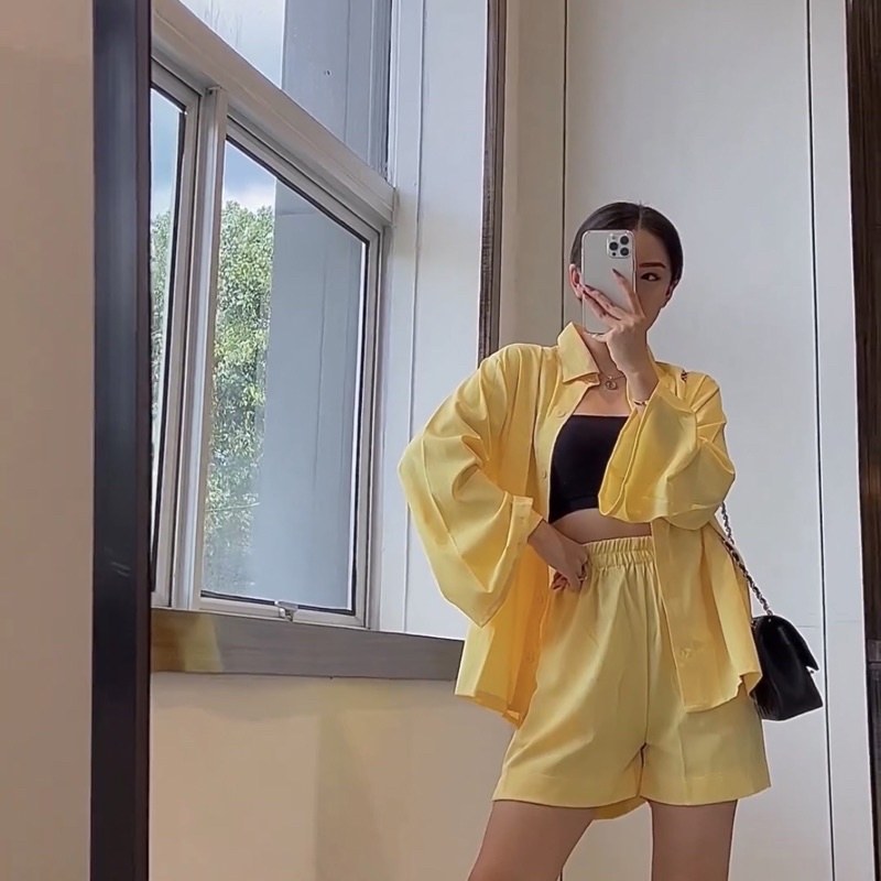 mon chéri - Julie Set (kemeja + celana pendek) | Set Kemeja Wanita Panjang Setelan Celana Pendek Hig