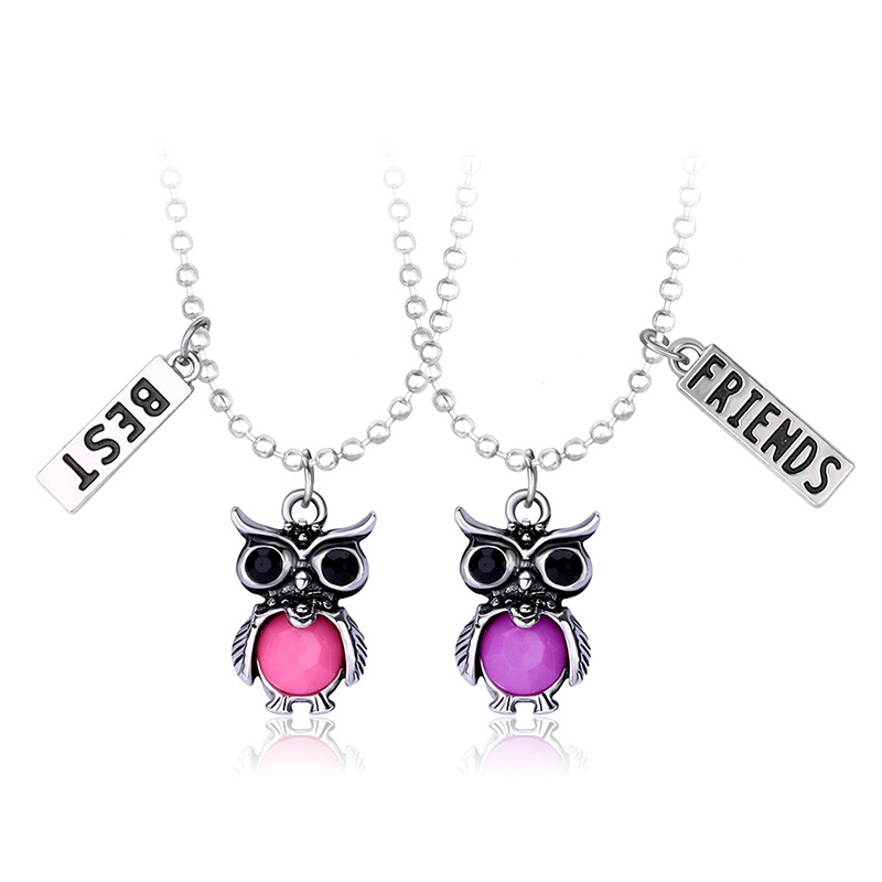 Fancyqube 2Pcs / Set Kalung Liontin Burung Hantu Aksen Hollow + Batu Merah Warna Silver Untuk Wanita