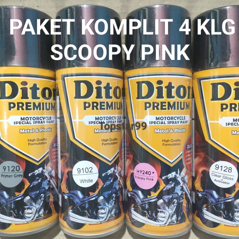Pilok Cat Diton Premium Paket Lengkap 4 Kaleng Scoopy Pink Ping 9240 Primer Grey 9120 White 9102 Clear Gloss 9128 400cc Pilox Paketan Cat Semprot Special Spray Paint
