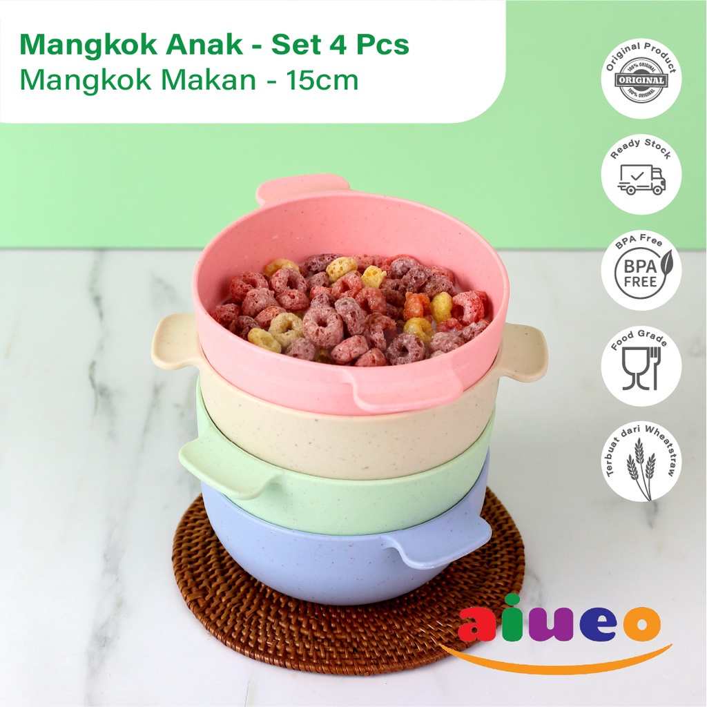 AIUEO | Set 4 Pcs Mangkok Anak Sereal 11.5cm Wheat Straw Mangkuk Makan Wheatstraw Microwave Warna Warni Aesthetic Estetik Plastik