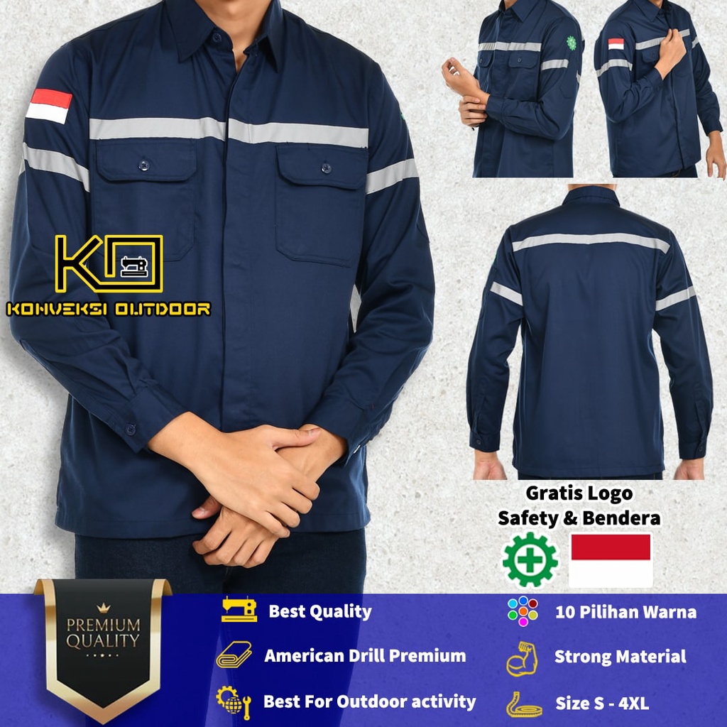 BAJU KEMEJA SAFETY WEARPACK K3 OUTDOOR PREMIUM LENGAN PANJANG - Seragam Proyek Pria Kerja Lapangan Bangunan Tambang Alat Berat PLN Enginer Instalasi Mesin Warepack Werpak Werpack Warepak Warpack Warpak Teknisi scotlet Warna Navy Konveksi Outdoor