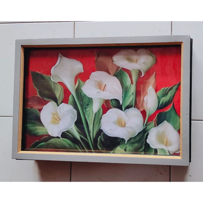 hiasan dinding lukisan cetak bunga Lily+bingkai ukuran 85x55