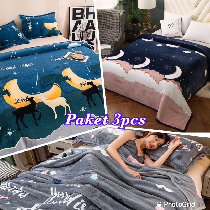 Promo BIG Paket Hemat 3PCS Selimut Bulu Dewasa Motif Baru