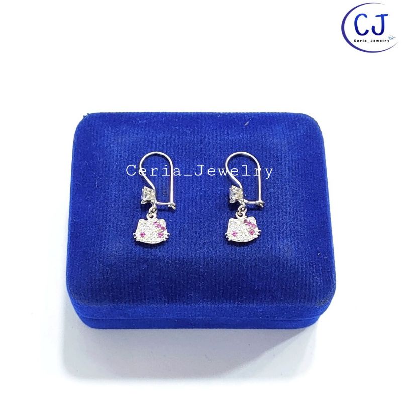 Anting Anak Perak Asli Silver 925 Lapis Emas Model Kait Gantungan Hellokitty Permata Pink - Anting Anak Anti Karat