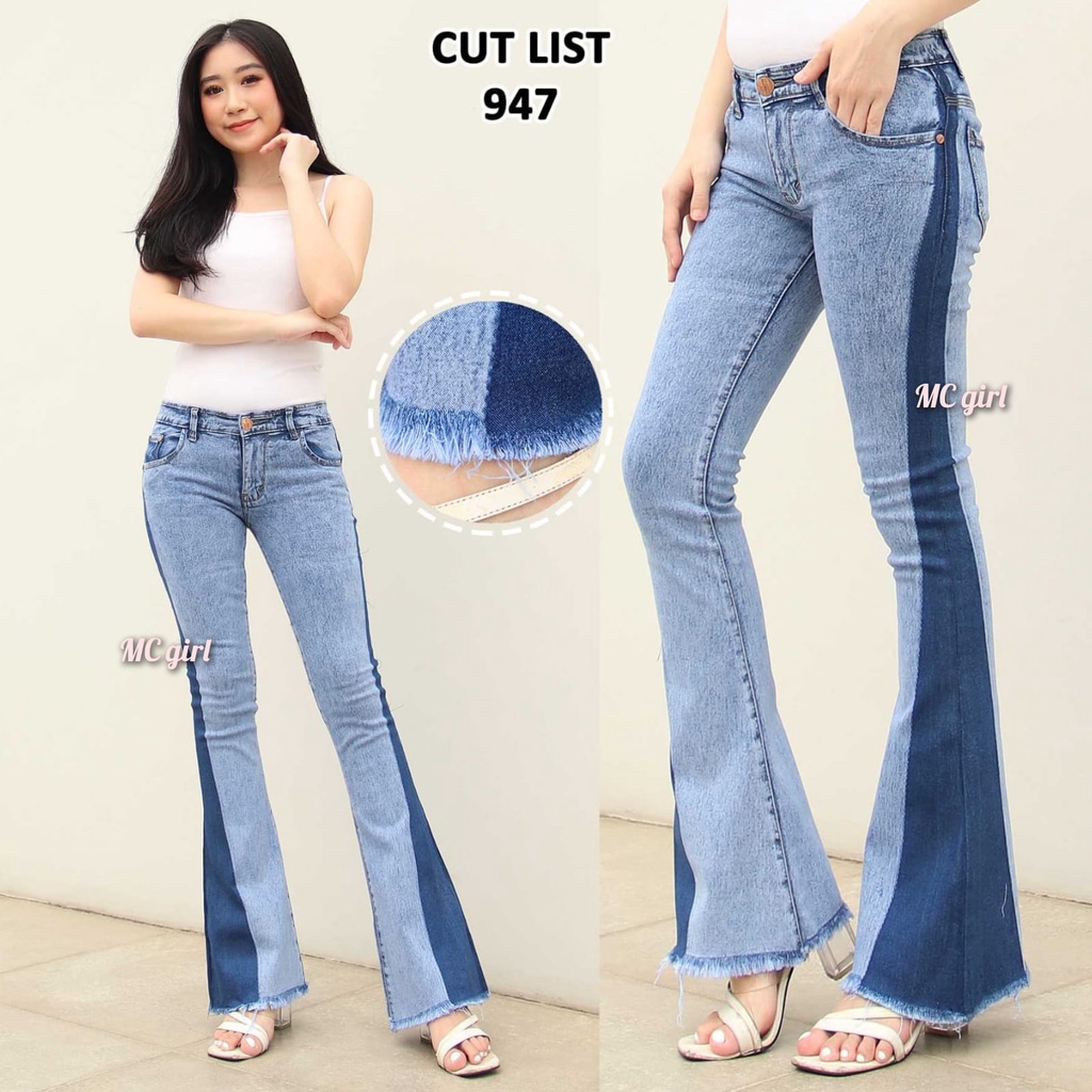 ( Size 27 - 34 ) MC girl - Cutbray Rawis List Panjang Warna Snowblue Wanita / Celana Jeans List Samping Kaki Lebar Rumbai Colour Snow Blue / Boot Cut