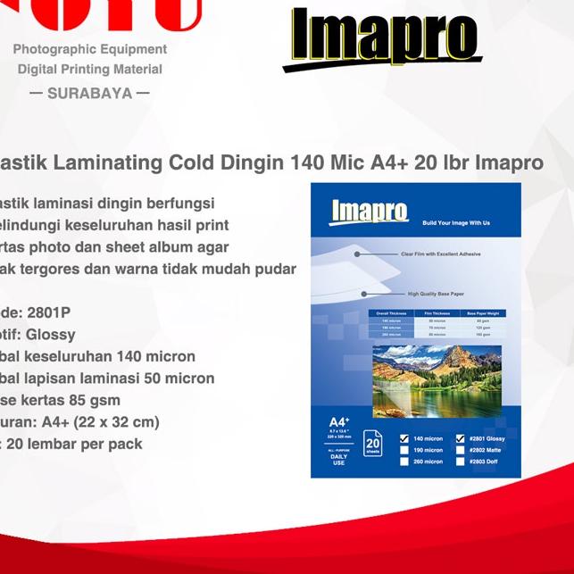 

⇆ Plastik Laminating Cold Dingin Pack 140 Micron A4+ 20 lbr Glossy 2801P を