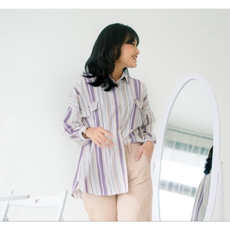 Tq88indonesia Fashion Baju Kemeja Salur Wanita Terbaru / CARISSA OVERSIZE STRIPE SHIRT / Kem / Hem Casual Lengan Panjang