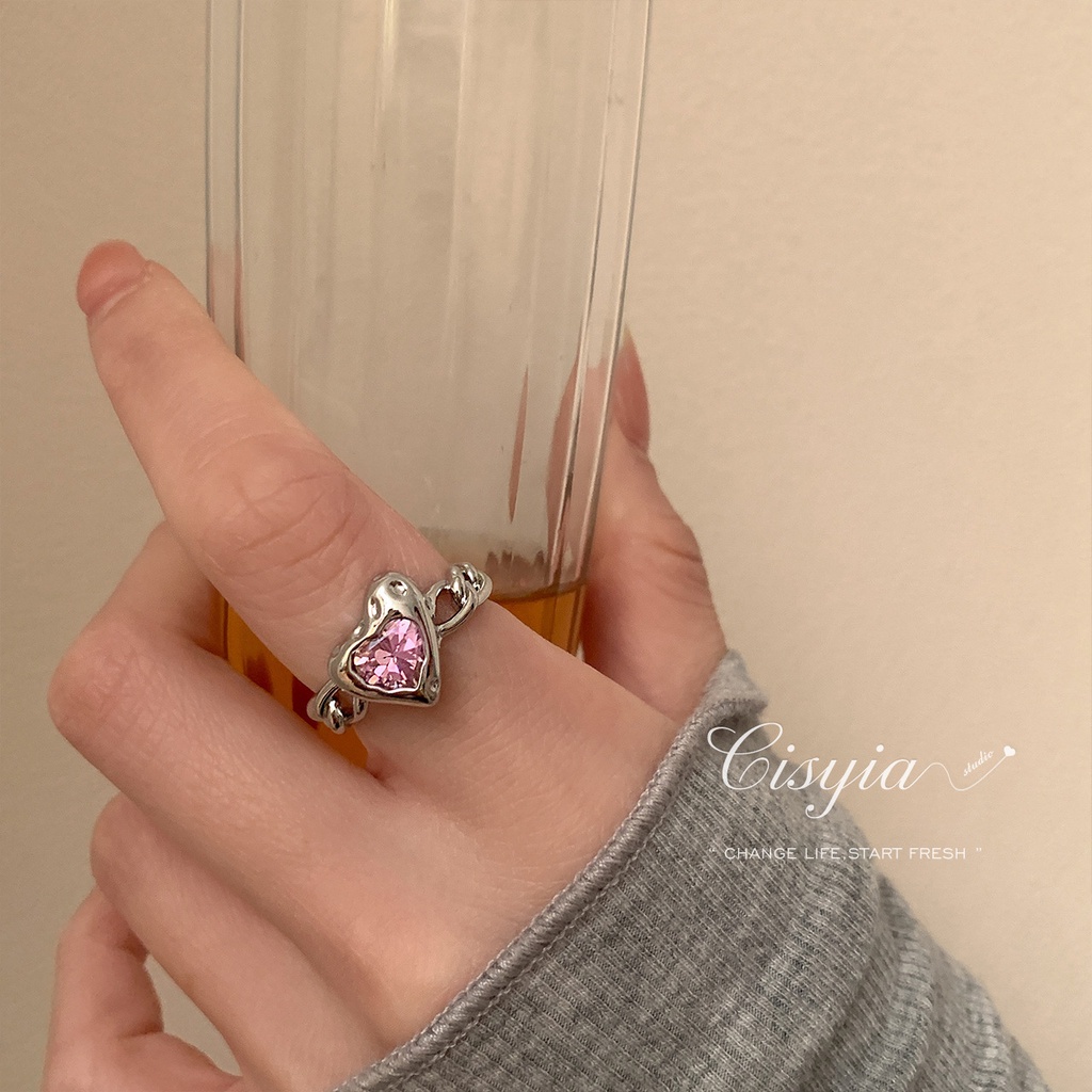 2pcs / Set Y2k Cincin Silver Model Terbuka Aksen Kristal Bentuk Hati Untuk Wanita