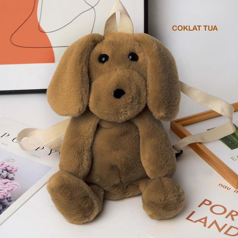 Tas beruang tedy bear bulu lucu imut gemoy Ransel Wanita Baru Boneka Mewah Ransel Kasual Tas Kepribadian Kartun Beruang Tas B2305-DOGY COKLAT TUA