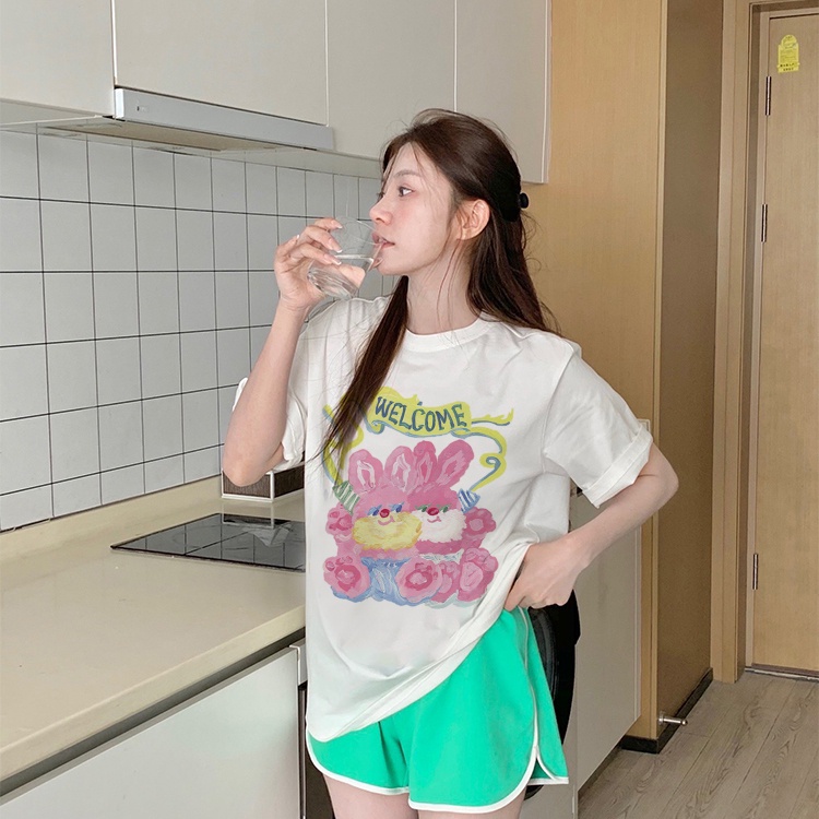 Print T-shirt Kaos Lengan Pendek Wanita Pink Bear Oversize Korean Style