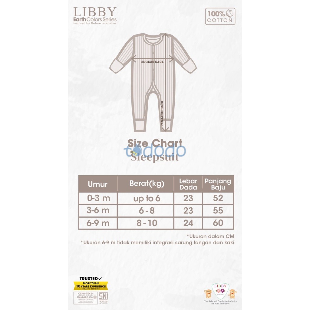 Baju Tidur Bayi Sleepsuit Jumper Piyama Anak LIBBY Sleepsuit Drop Needle 0-9 Bulan (1 Pcs / Pack)