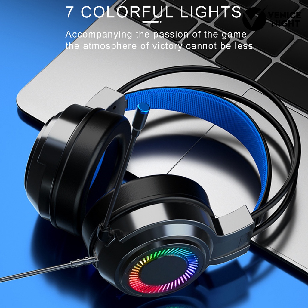 (VNEP) (Berkabel) G60 Headphone Bass Colorful Lights 3.5mm 7.1 Surround Sound Gaming Headset dengan Mic untuk Gamer