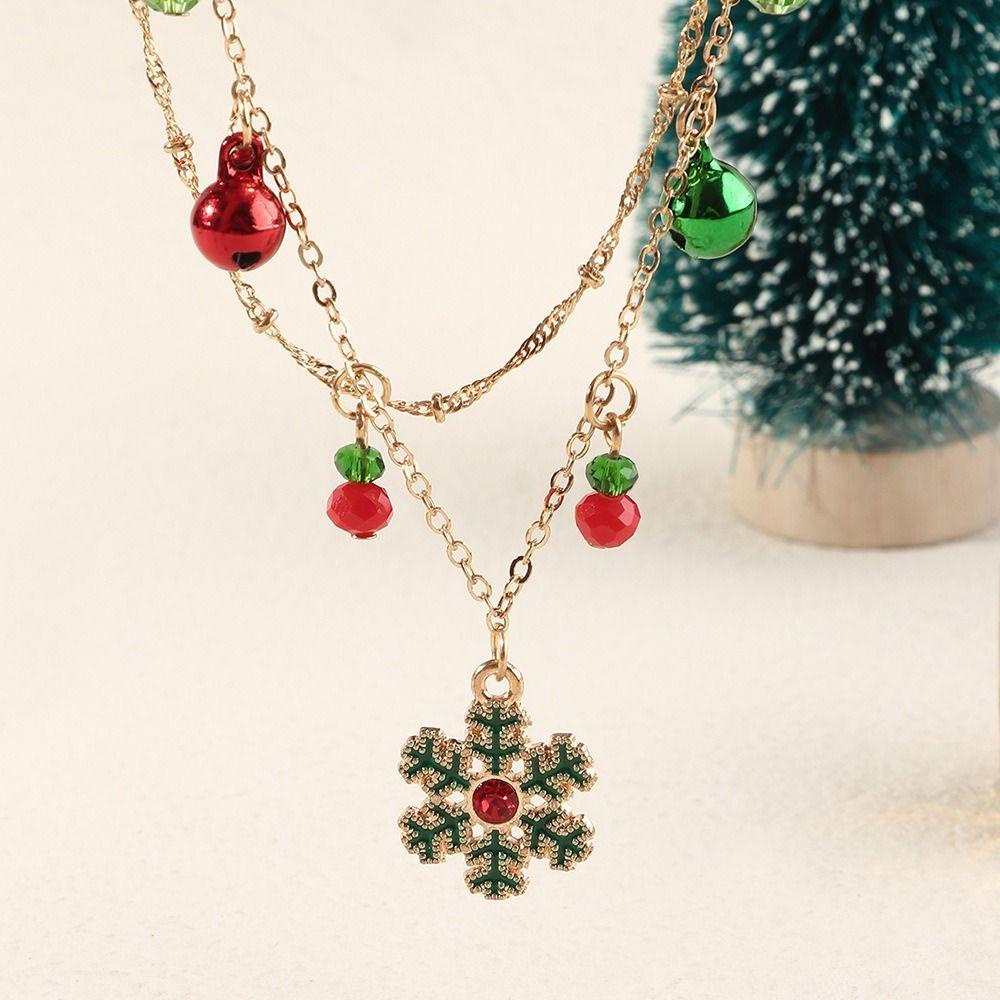 Needway  Kalung Natal All-match Kepribadian Fashion Mutiara Imitasi Pohon Natal Christmas Masa Kini Bell Rantai Ganda Aksesoris Perhiasan Wanita