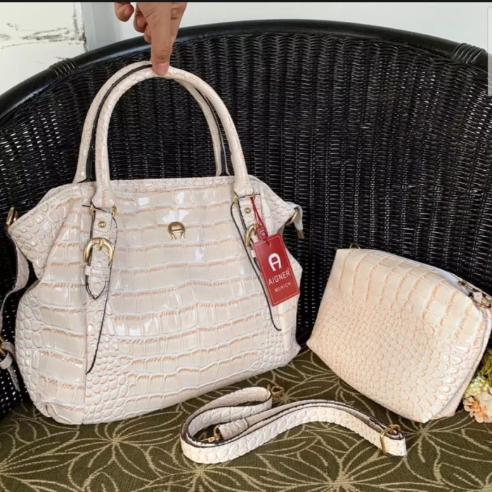 BARU READY Tas wanita import aigner croco bahan kulit croco - Putih MURAH