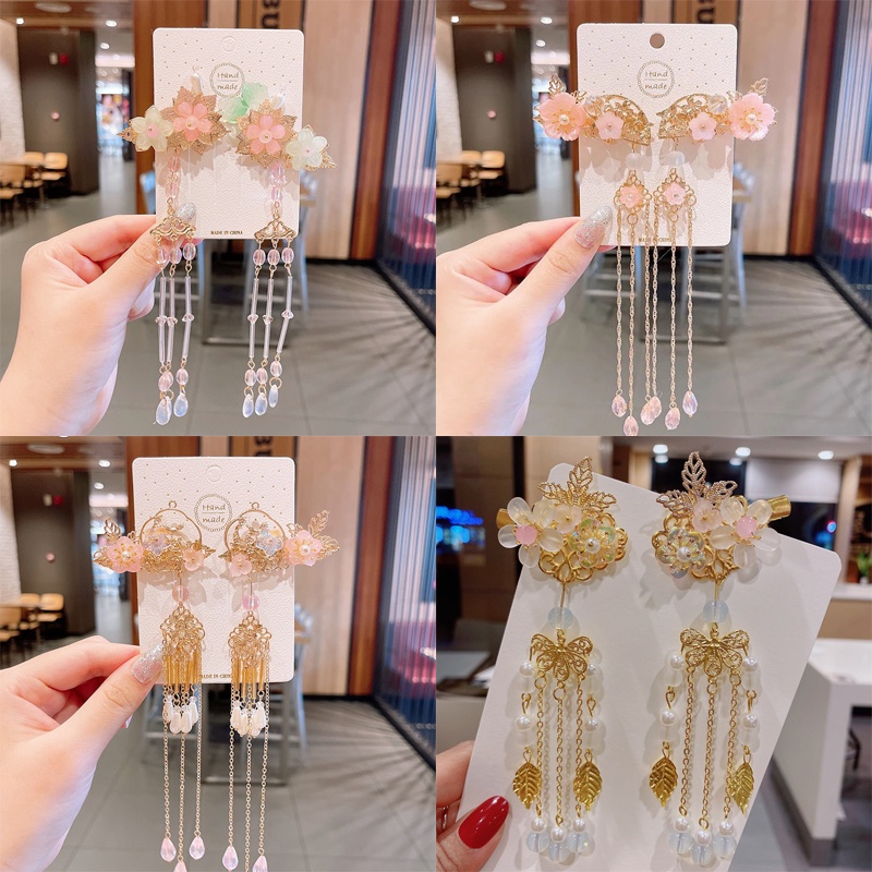 2pcs / Set Jepit Rambut Desain Bunga Kristal Mutiara Rumbai Bahan Metal Gaya China Untuk Anak Perempuan