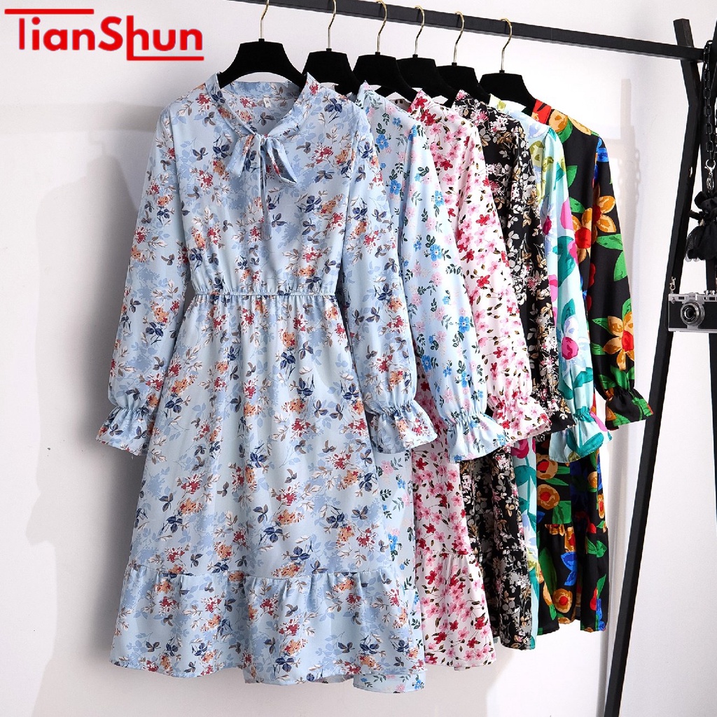 Tianshun Floral Long Sleeves Midi Dress Sifon Motif Bunga Dress Muslimah Motif Dress Pantai Wanita